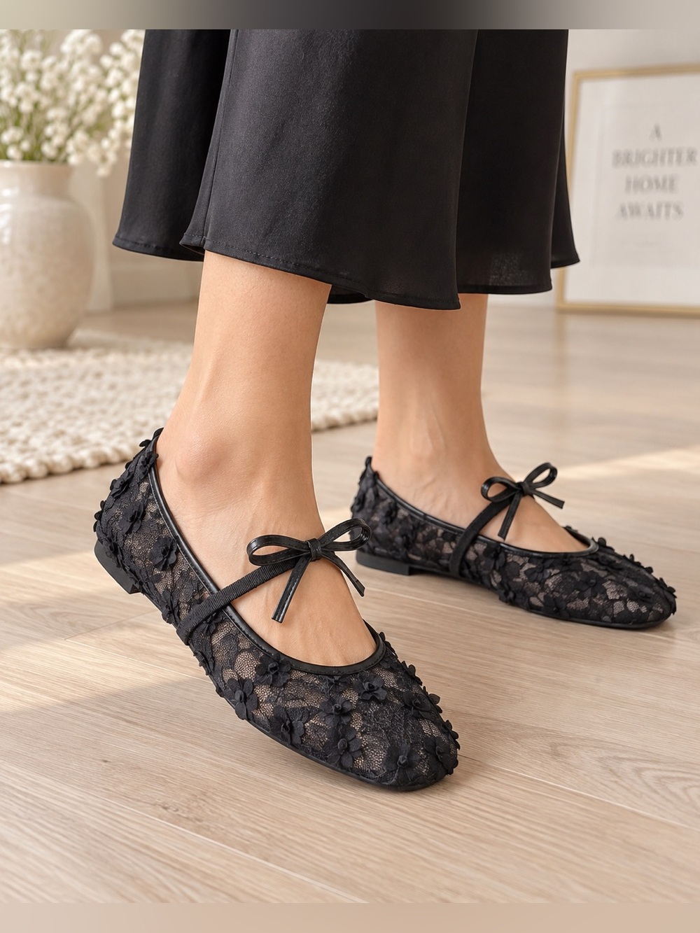 Black Lace Floral Mary Jane Ballet Flats Women’s EU 40 US 9 NWOT